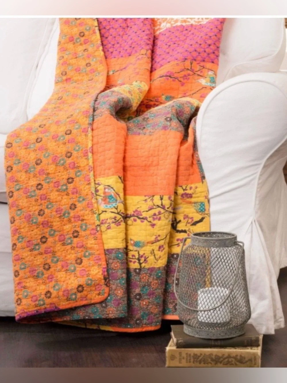 Colorful Boho Floral Throw Blanket 100% Cotton - TANGERINE